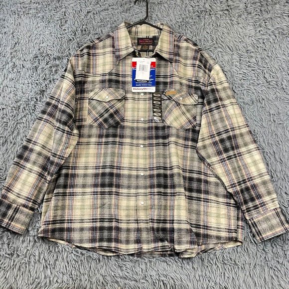 Men’s Extra Heavy Pearl Snap Plaid Flannel Outdoor Shacket Blue Tan Red 2XL NWT - Picture 1 of 9